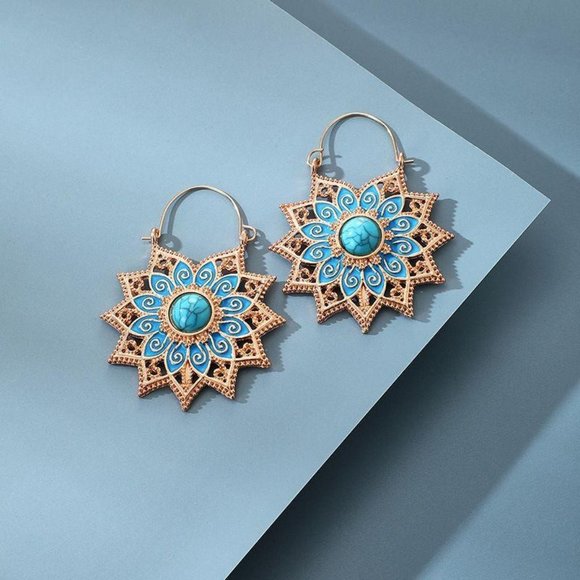 Silver Retro Sunflower Turquoise Dangle Earrings - Picture 3 of 8